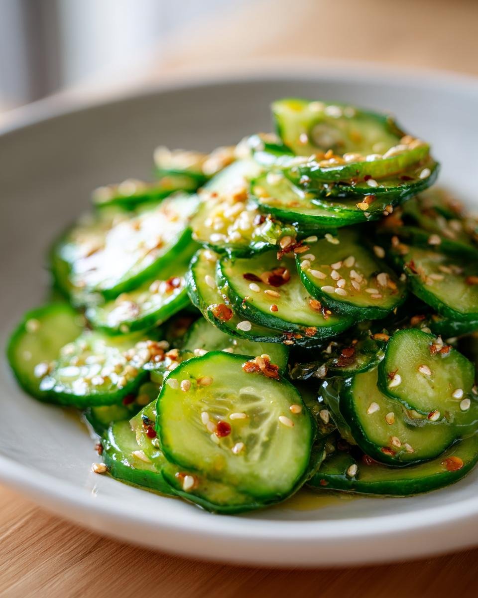 Close-up of thinly sliced cucumbers tossed in a dressing and topped with sesame seeds for an Easy Asian Cucumber Salad.