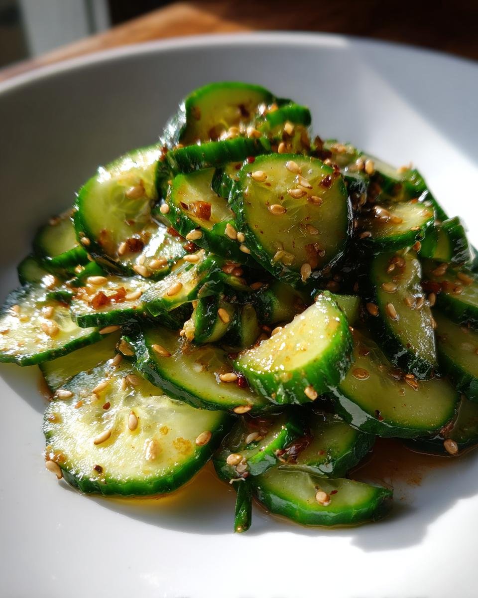 Close-up of glossy, sliced cucumbers coated in dressing and topped with toasted sesame seeds for an Easy Asian Cucumber Salad.
