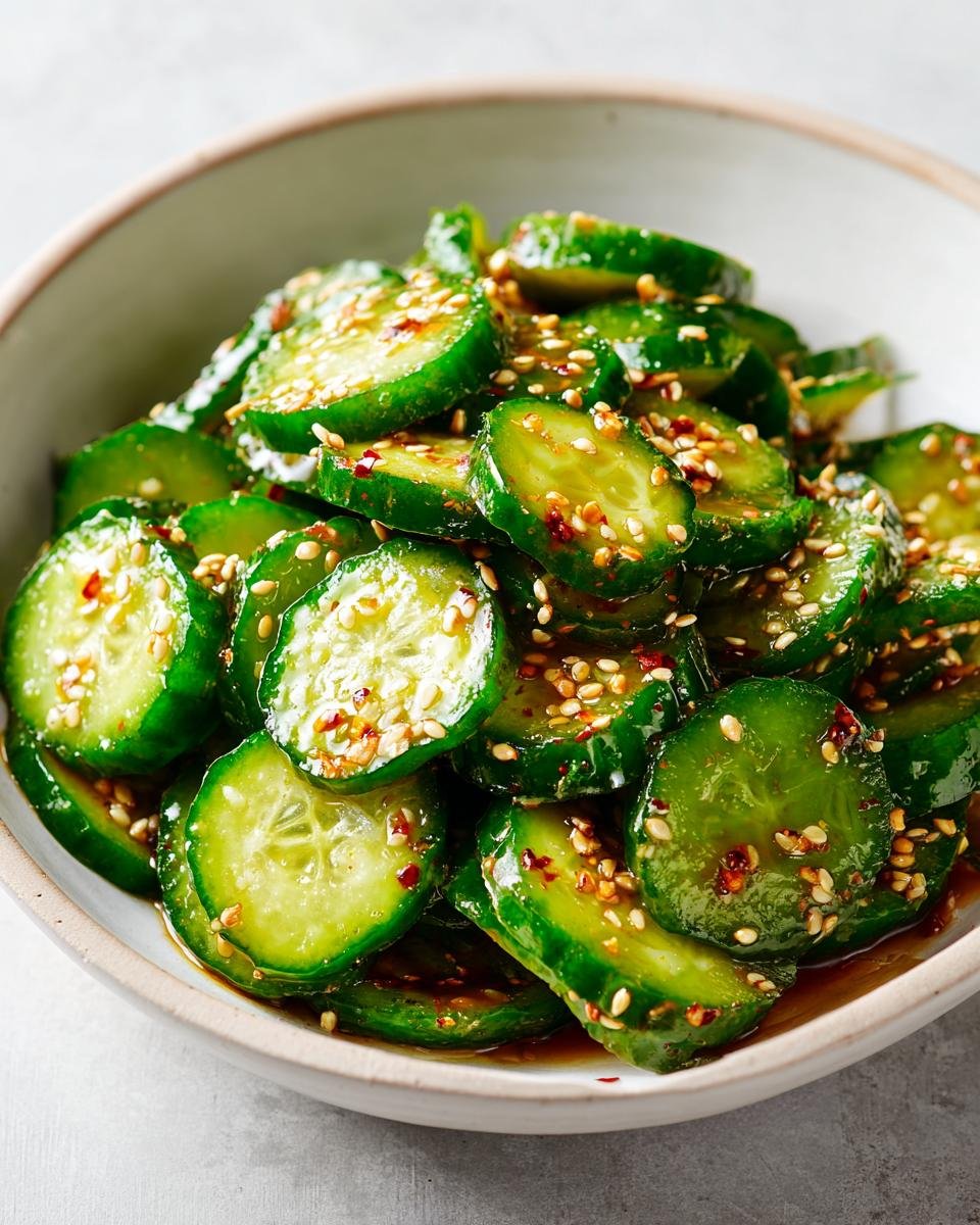 Close-up of vibrant green cucumber slices tossed in a savory dressing and topped with sesame seeds in an Easy Asian Cucumber Salad.