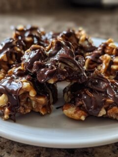 Close-up of Easy Chocolate Caramel Pecan Clusters, featuring pecans coated in caramel and drizzled with melted dark chocolate, served on a white plate.