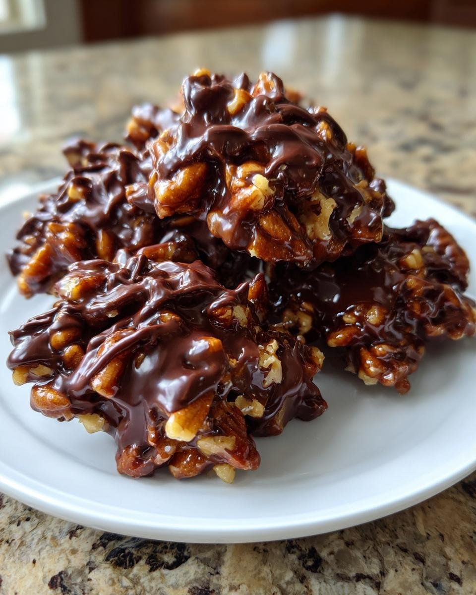 A close-up of several Easy Chocolate Caramel Pecan Clusters piled high on a white plate, glistening with melted chocolate.