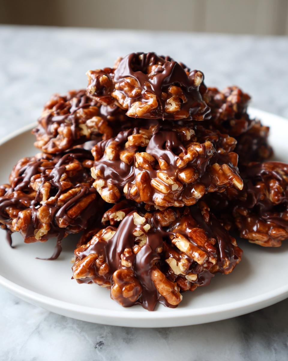 A tempting stack of Easy Chocolate Caramel Pecan Clusters drizzled generously with melted dark chocolate.