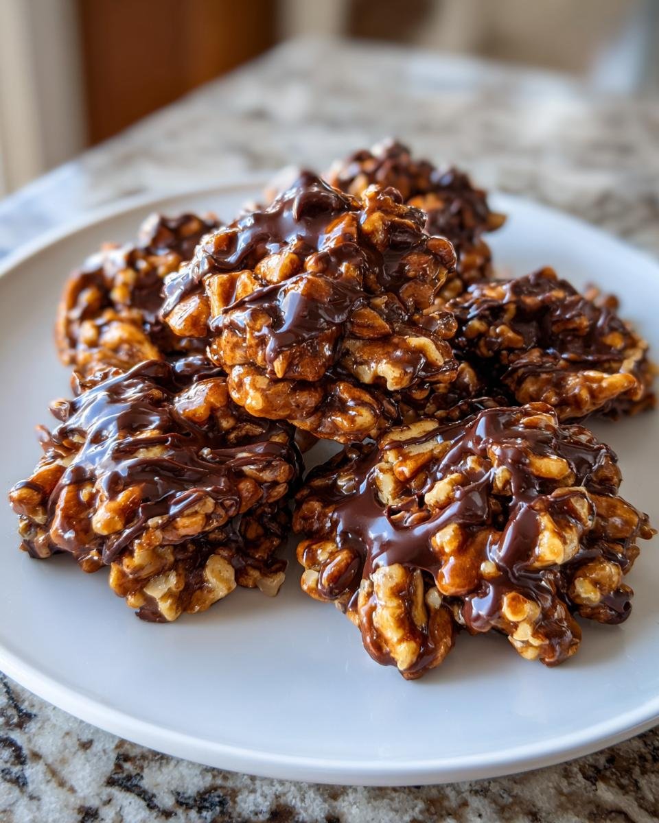 A pile of Easy Chocolate Caramel Pecan Clusters coated in glossy chocolate drizzle on a white plate.