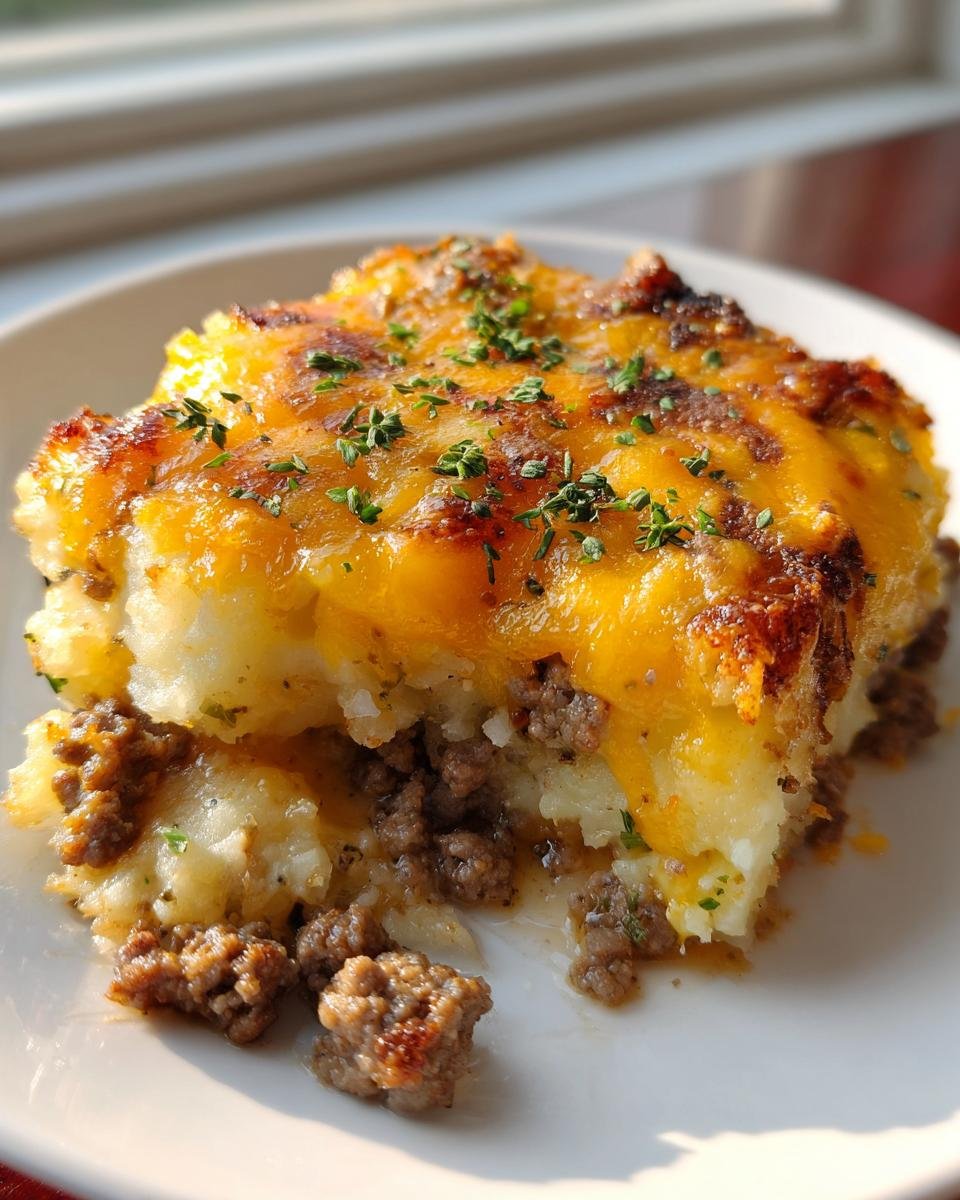 A close-up serving of Easy Hamburger Potato Casserole with a layer of browned cheese and ground beef.
