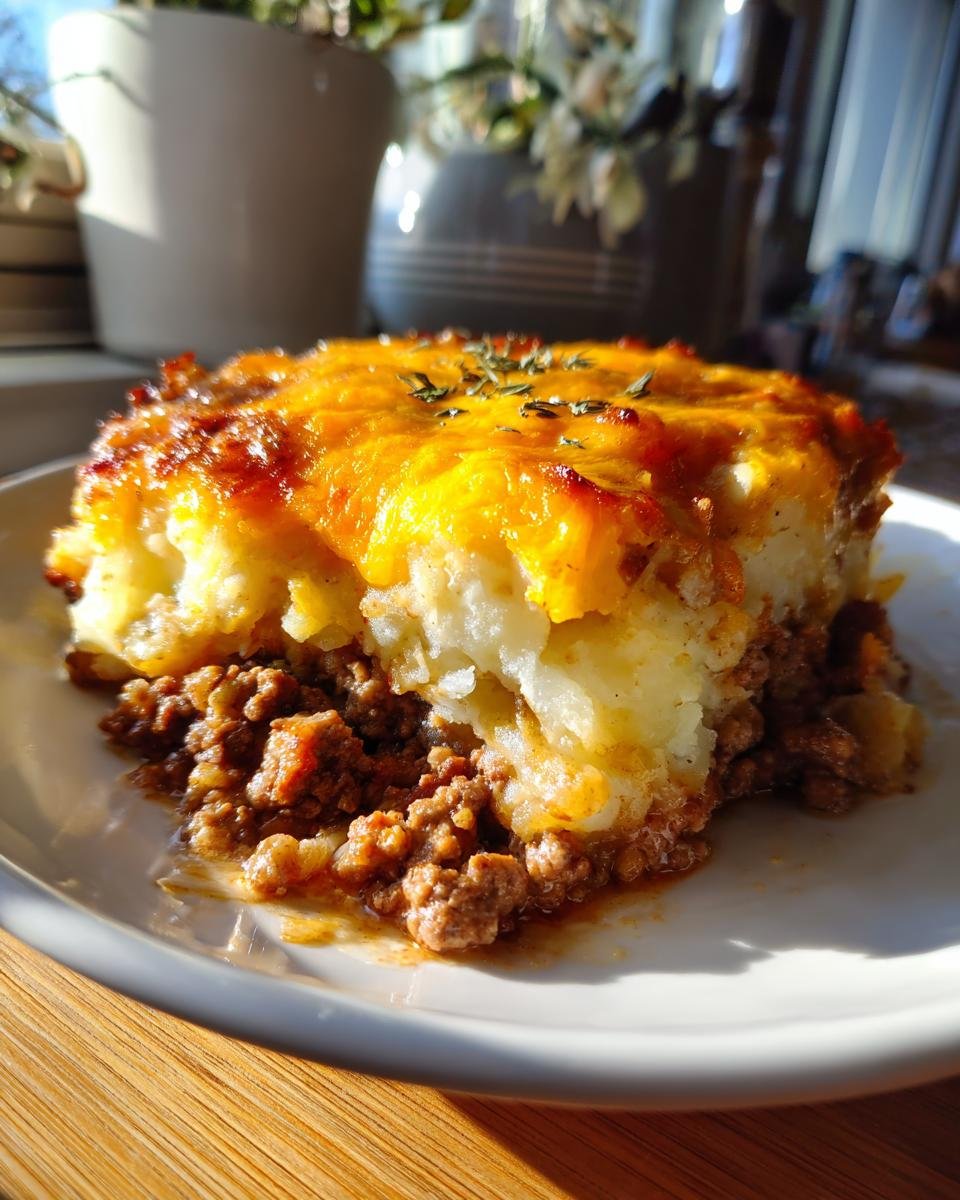 A close-up serving of Easy Hamburger Potato Casserole with a layer of ground beef and topped with melted cheddar cheese.