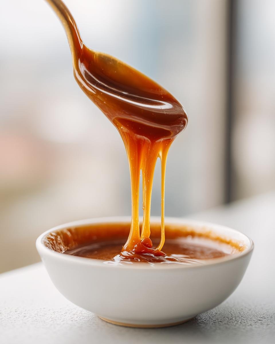 Thick, glossy Easy Homemade Caramel Recipe dripping from a spoon back into a small white bowl.