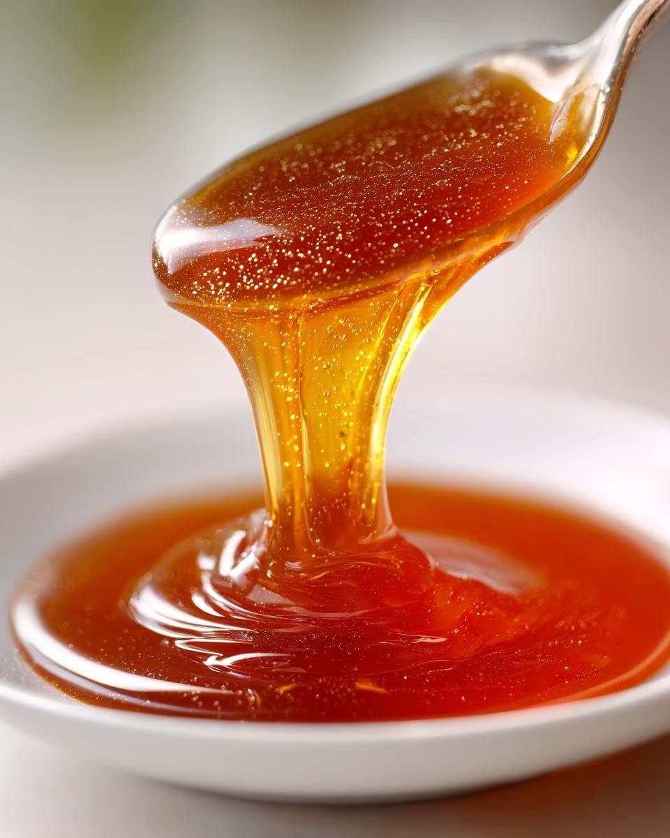 Close-up of thick, golden Easy Homemade Caramel Recipe being poured from a spoon into a white dish.