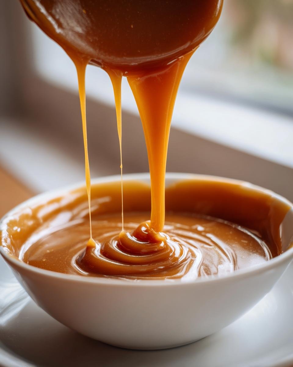 Thick, glossy Easy Homemade Caramel Recipe being poured from a spoon into a white bowl, creating swirls.