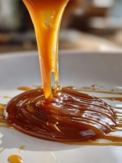Thick, glossy stream of Easy Homemade Caramel Recipe being poured onto a white plate, creating swirls.