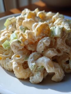 Close-up of creamy Easy Macaroni Salad with elbow pasta and chopped celery served on a white plate.