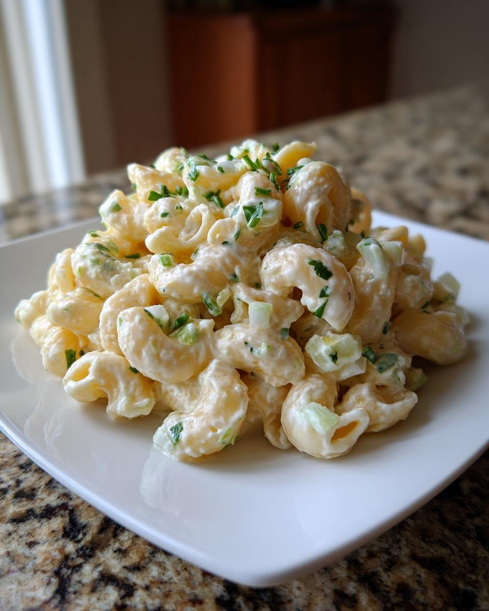 A close-up of a mound of creamy Easy Macaroni Salad with chopped celery and chives on a square white plate.
