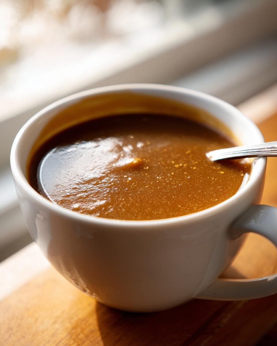 Close-up of rich brown Easy Make Ahead Gravy served hot in a white mug with a spoon resting inside.