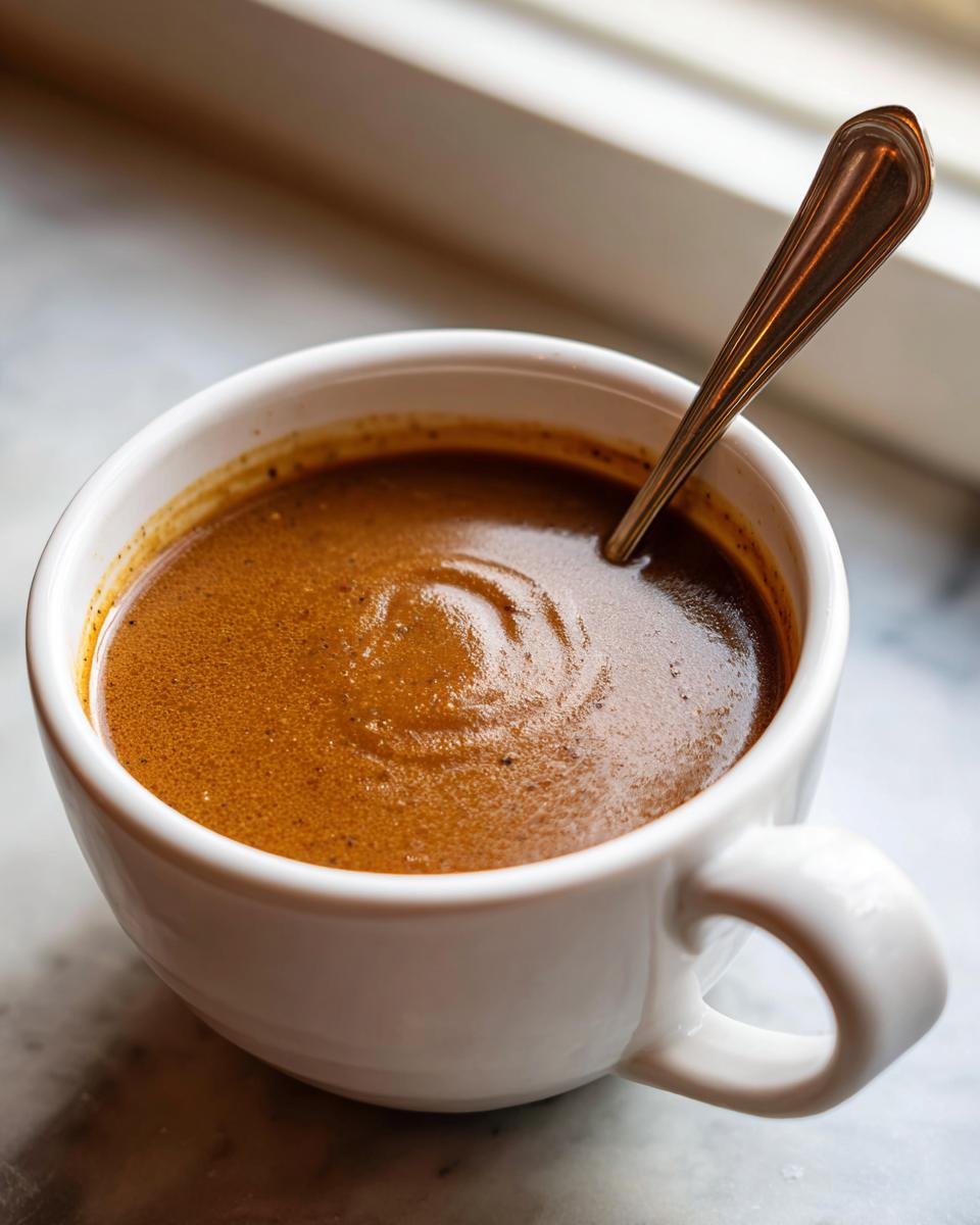 Close-up of thick, rich Easy Make Ahead Gravy being stirred with a spoon in a white ceramic mug.