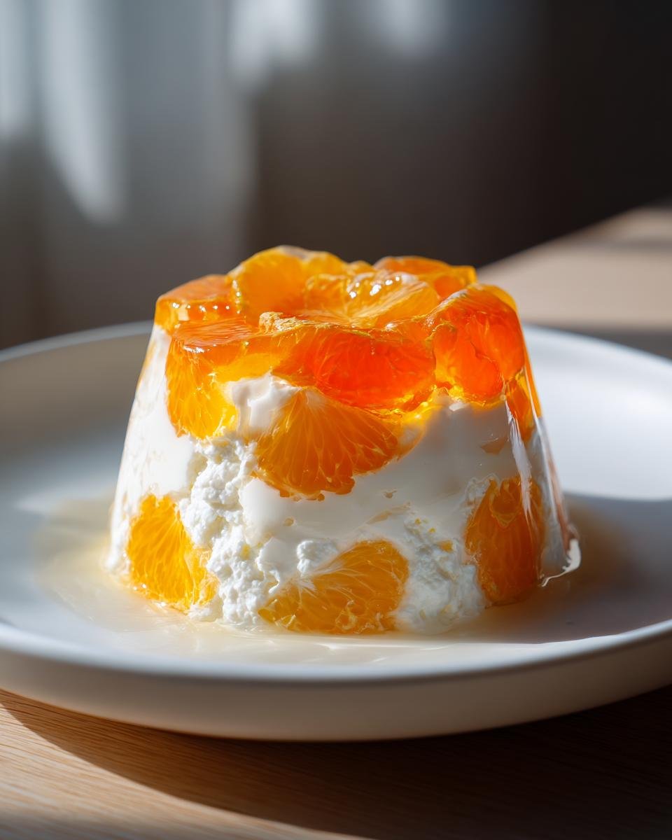 A molded serving of Easy Mandarin Orange Jello Salad with cottage cheese and bright orange segments.