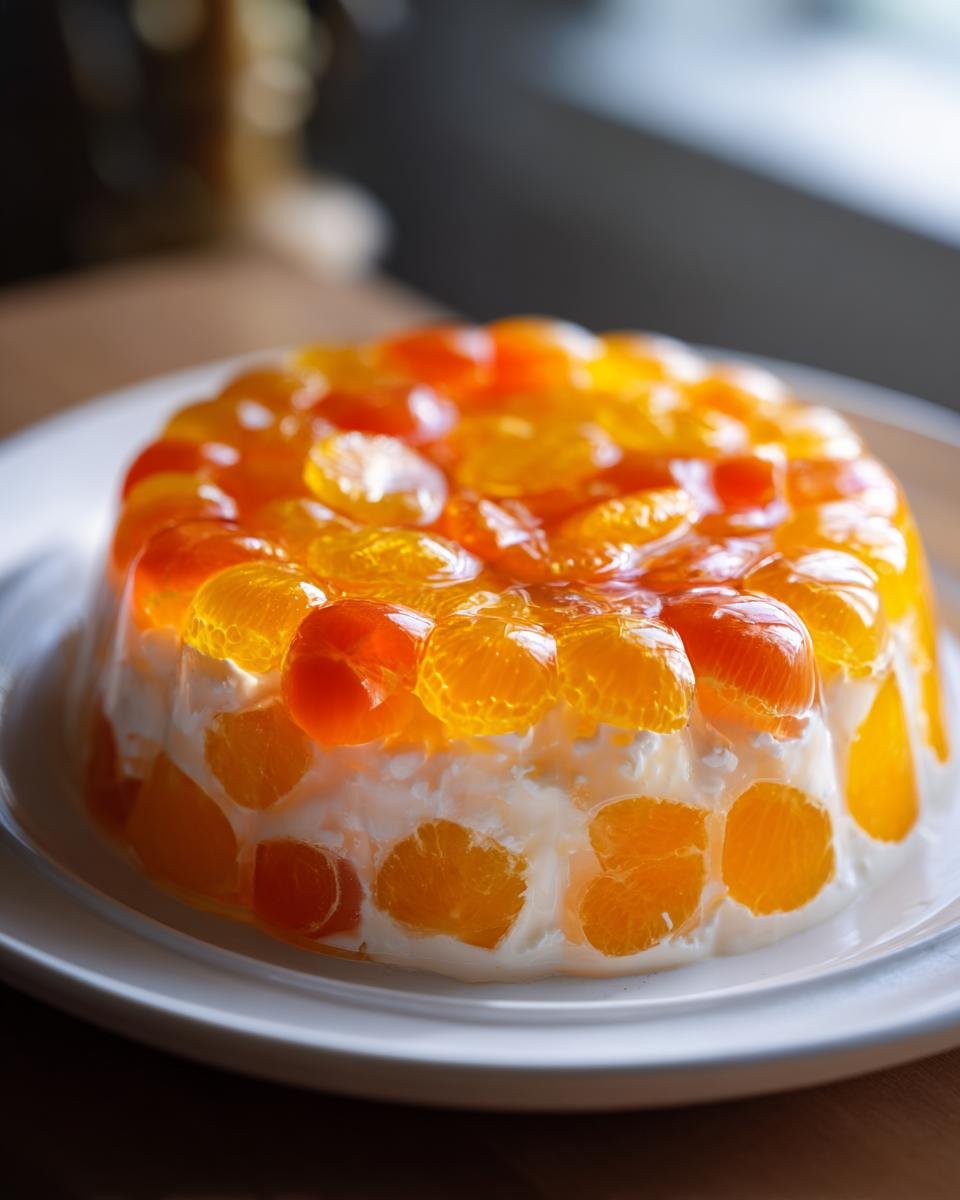 A molded Easy Mandarin Orange Jello Salad featuring mandarin segments suspended in clear and creamy layers on a white plate.