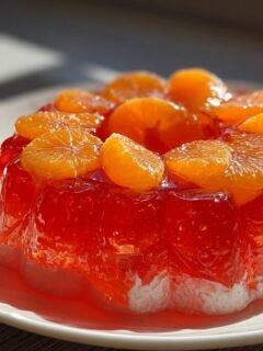 A molded, bright red Easy Mandarin Orange Jello Salad topped with glistening mandarin orange segments on a white plate.
