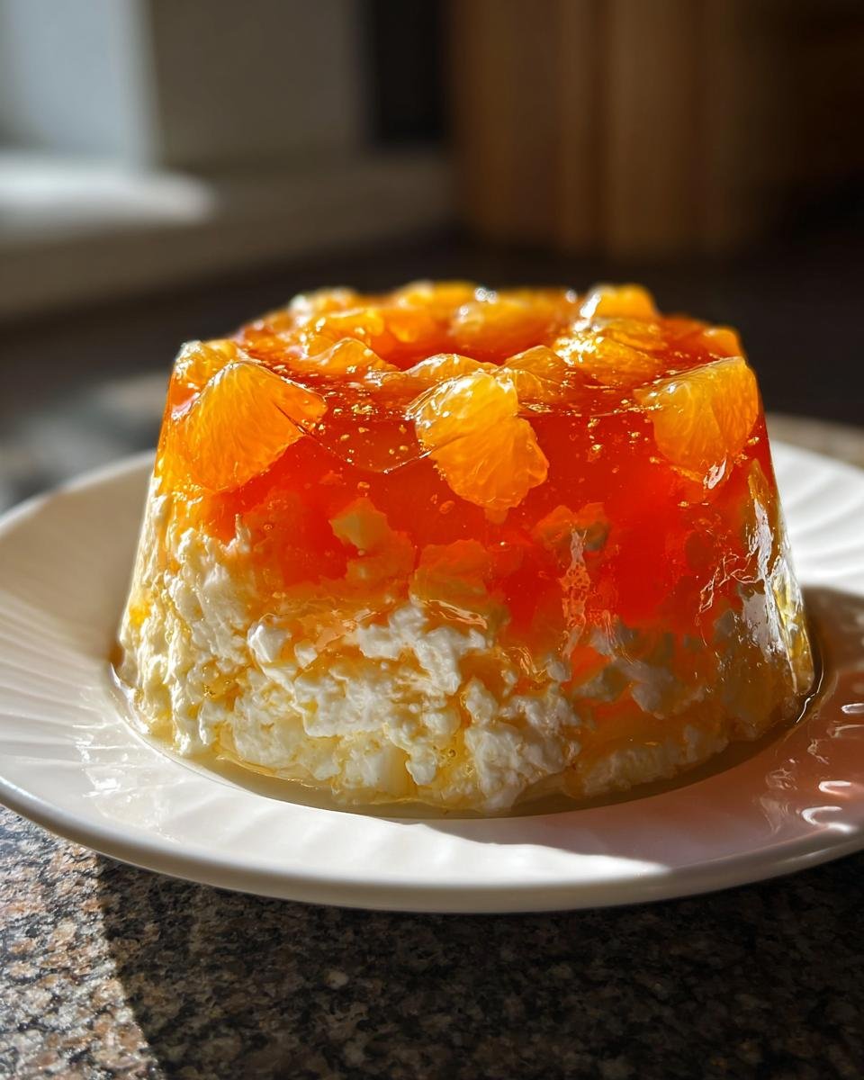 A molded, individual serving of Easy Mandarin Orange Jello Salad featuring bright orange gelatin and cottage cheese.