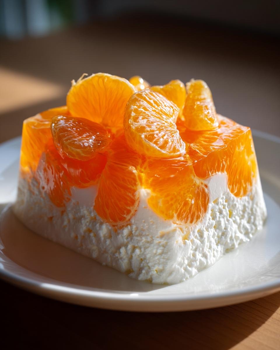 A square serving of Easy Mandarin Orange Jello Salad featuring a creamy white base topped with bright orange mandarin segments suspended in clear gelatin.