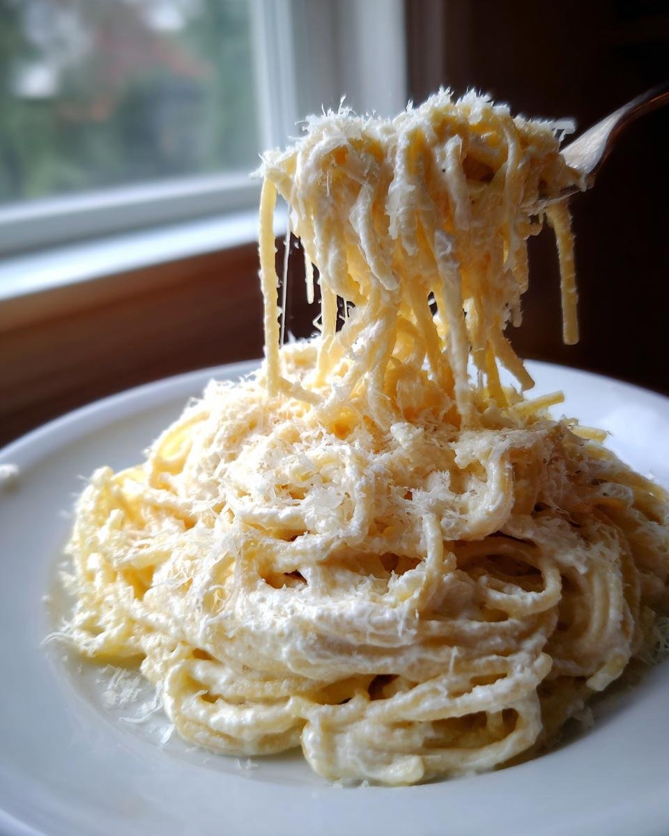 A fork lifts a twirl of creamy spaghetti coated in sauce, topped with grated cheese, from a plate of Easy Ricotta Pasta Recipe.