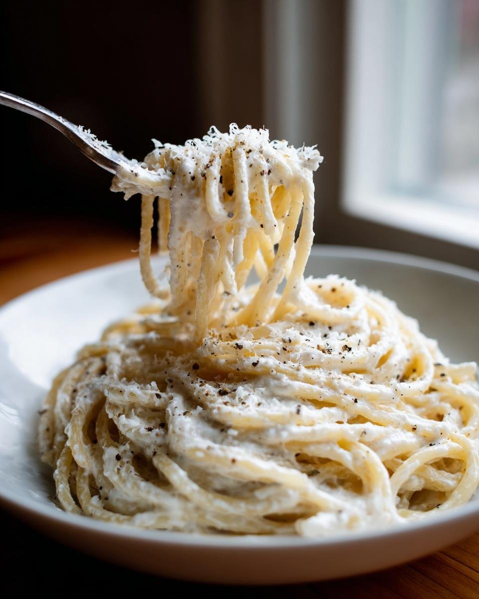 A fork lifts creamy spaghetti coated in ricotta sauce and black pepper from a white bowl in an Easy Ricotta Pasta Recipe.