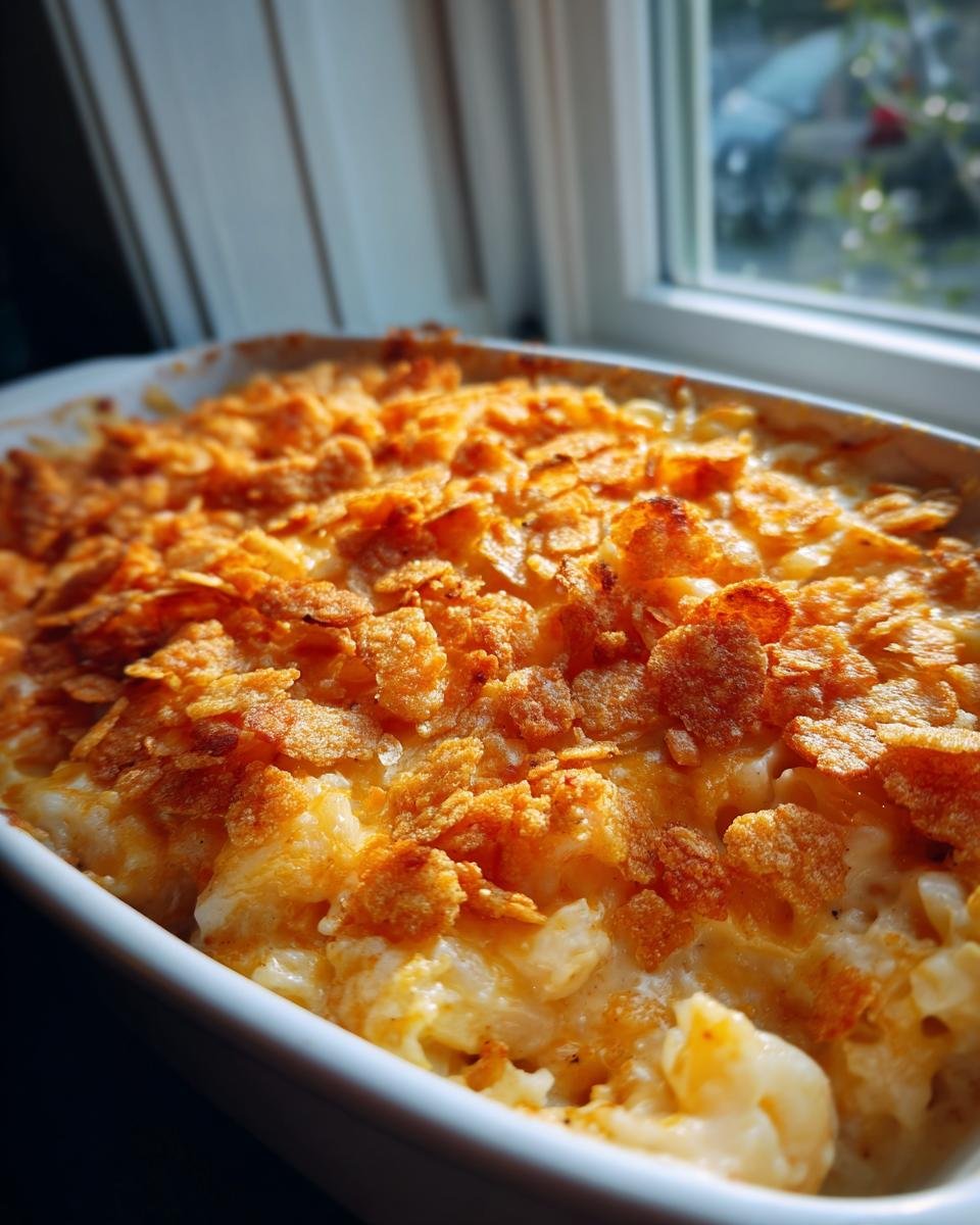 Close-up of an Easy Seafood Casserole with a crunchy, golden cornflake topping baked in a white dish.