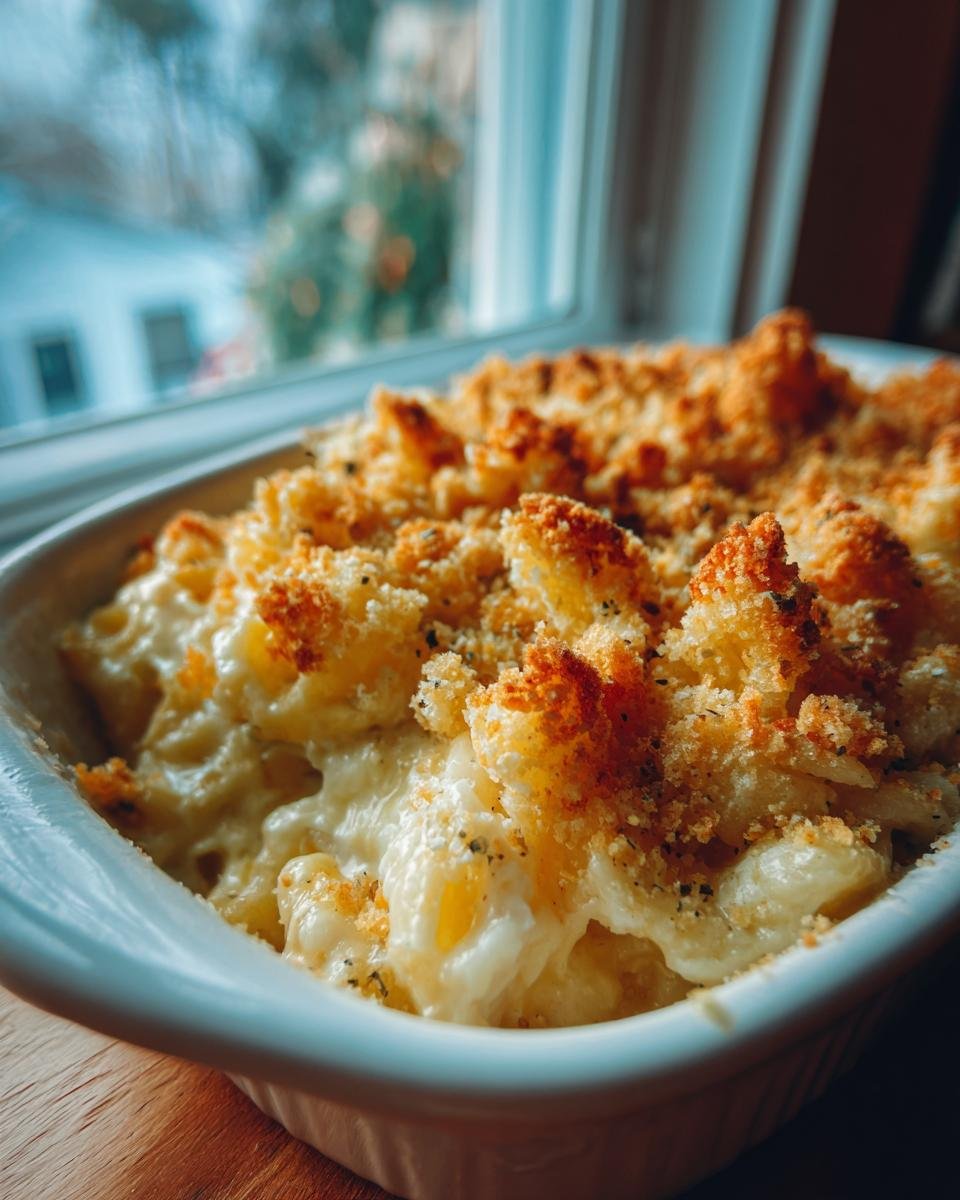 Close-up of an Easy Seafood Casserole with creamy sauce and a crunchy, golden breadcrumb topping.
