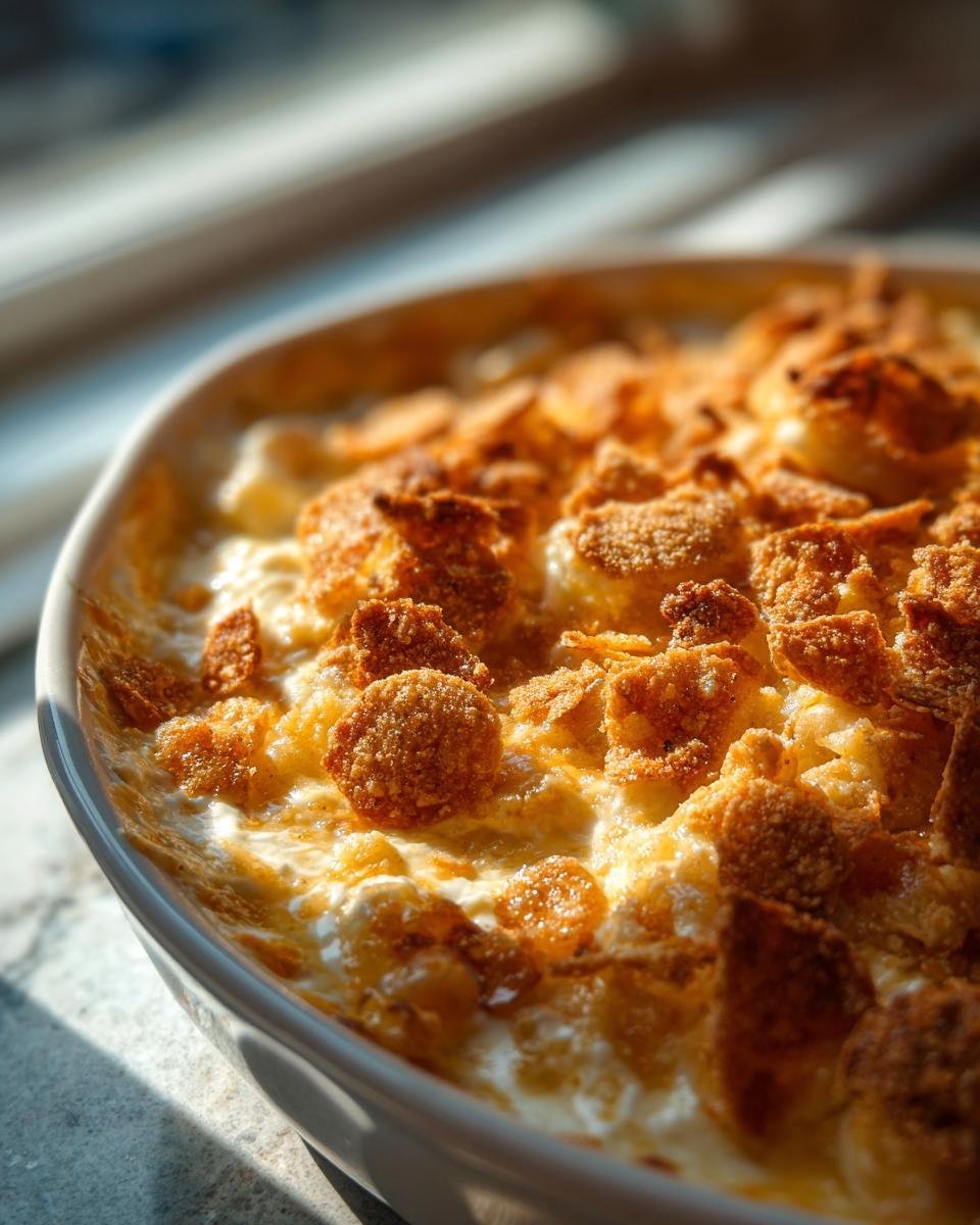 Close-up of a creamy Easy Seafood Casserole with a golden, crunchy cornflake topping baked in a white dish.