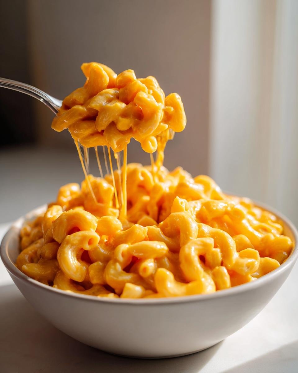 A fork lifting creamy macaroni coated in bright orange sauce from a bowl of Easy Vegan Pumpkin Mac Cheese.
