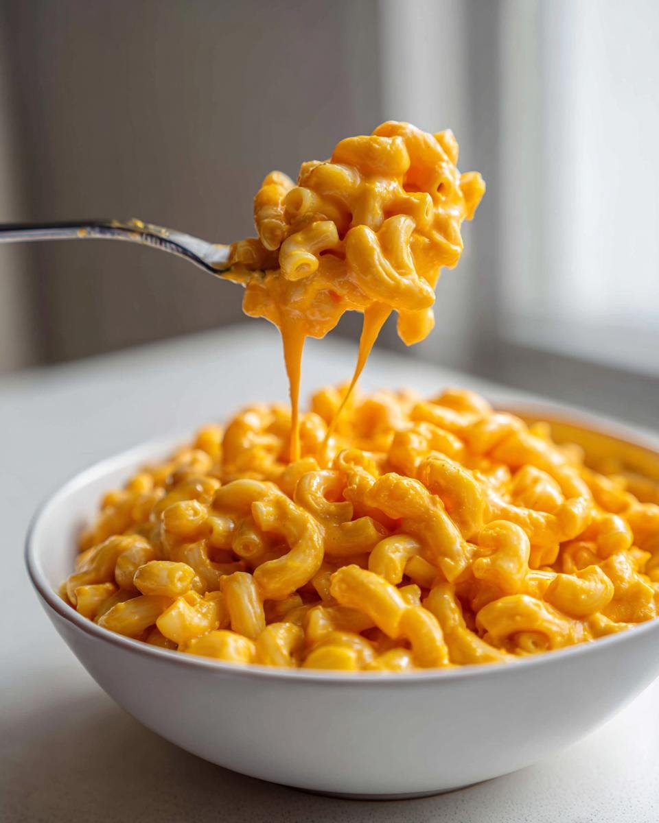 A fork lifting a creamy, cheesy portion of Easy Vegan Pumpkin Mac Cheese from a white bowl.