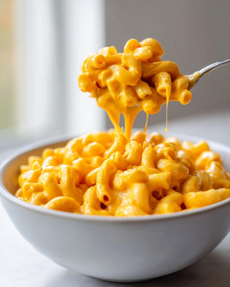 A spoonful of creamy, bright orange Easy Vegan Pumpkin Mac Cheese being lifted from a white bowl.