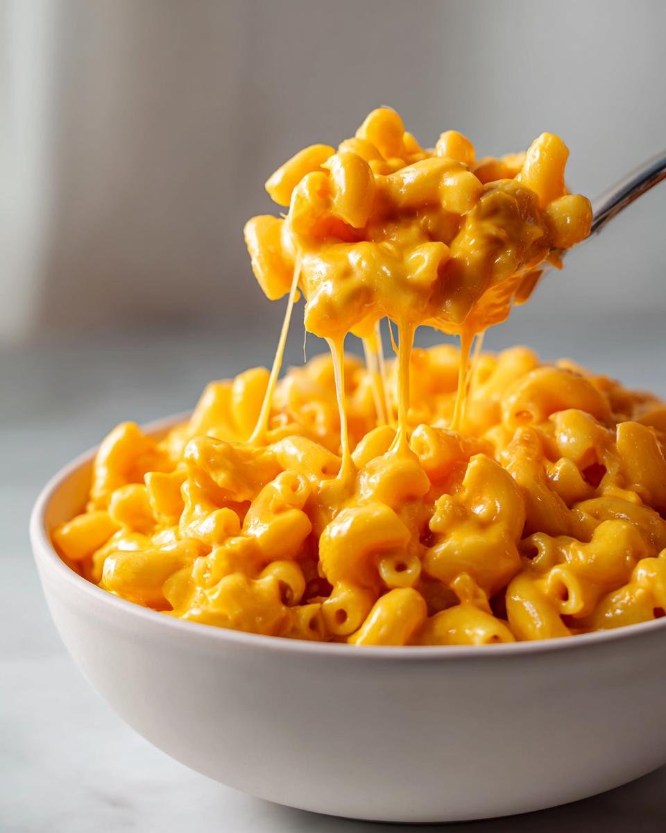 A spoonful of creamy, bright orange Easy Vegan Pumpkin Mac Cheese being lifted from a white bowl, showing cheese stretch.