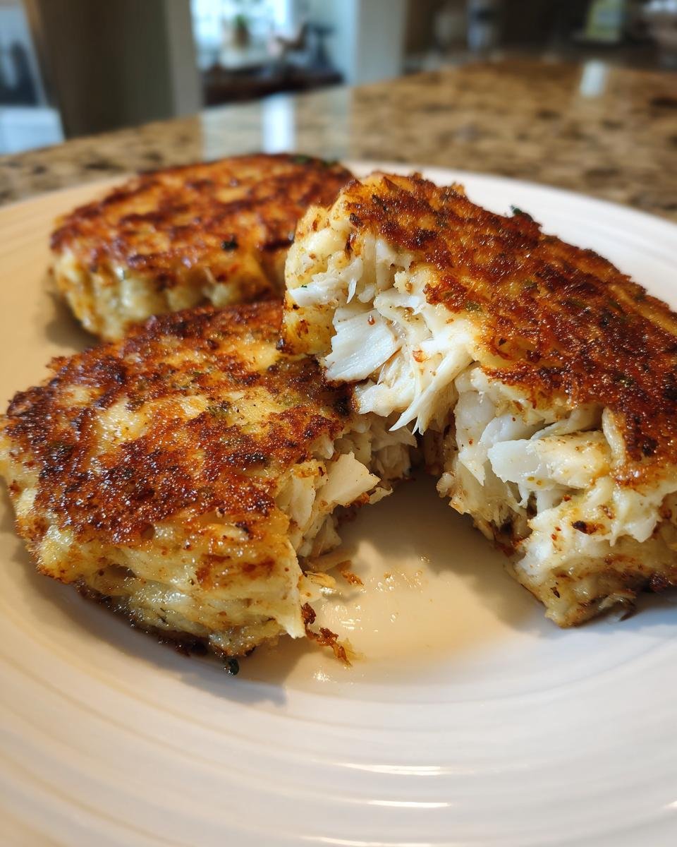 Close-up of a perfectly seared Crab Cakes Recipe patty broken open to show large lumps of white crab meat inside.