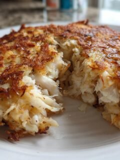 Close-up of a golden brown, pan-seared Crab Cakes Recipe, broken open to show flaky white crab meat inside.