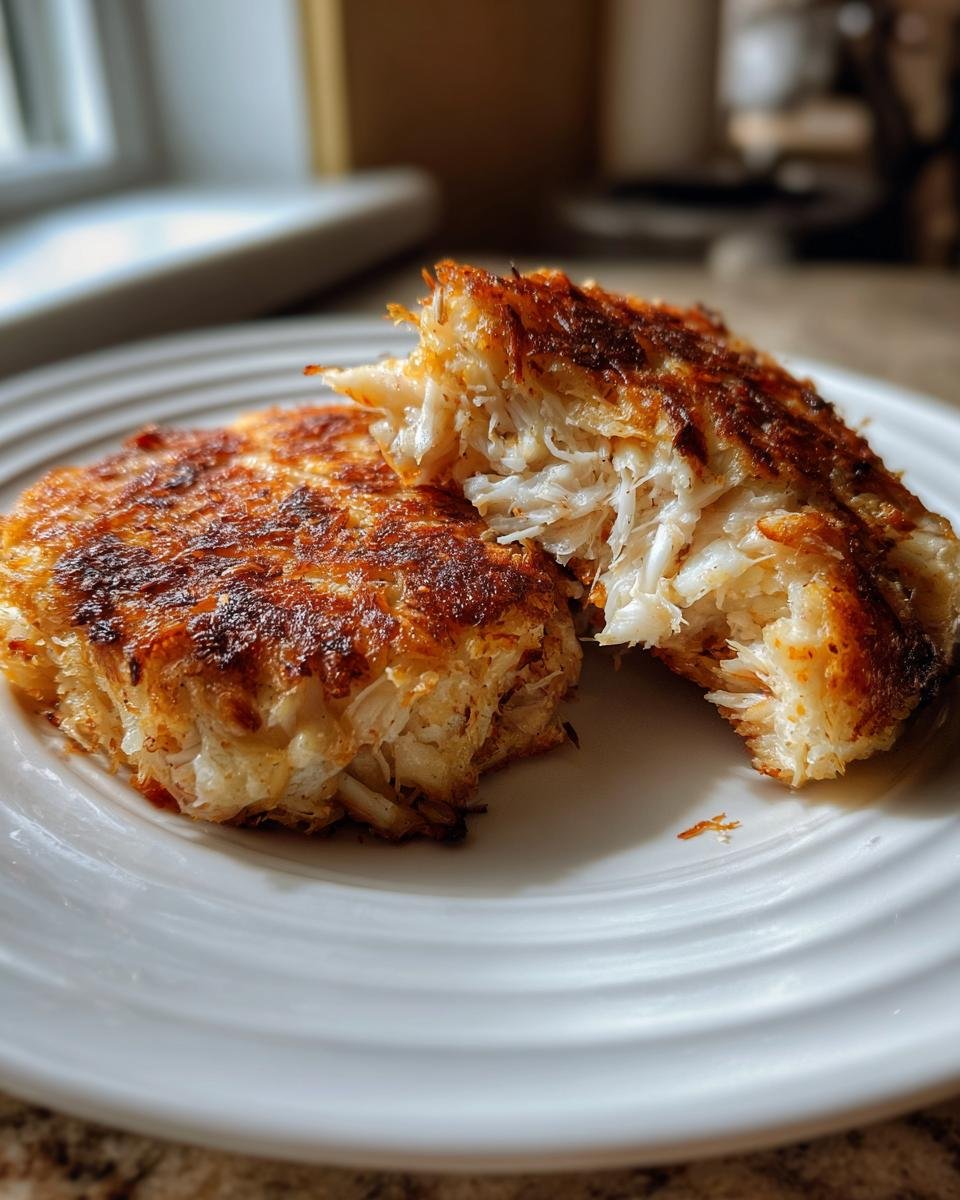 Close-up of two perfectly seared Crab Cakes Recipe halves showing the flaky white crab meat inside.