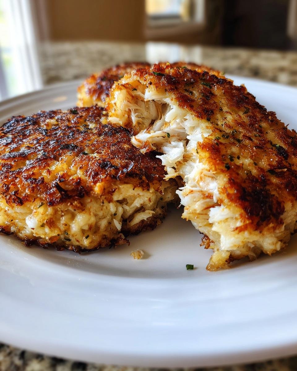 Close-up of perfectly seared Crab Cakes Recipe, one broken open revealing flaky white crab meat.
