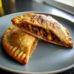 Two halves of a flaky, golden-brown Jamaican Vegetable Patties showing the savory vegetable filling inside.