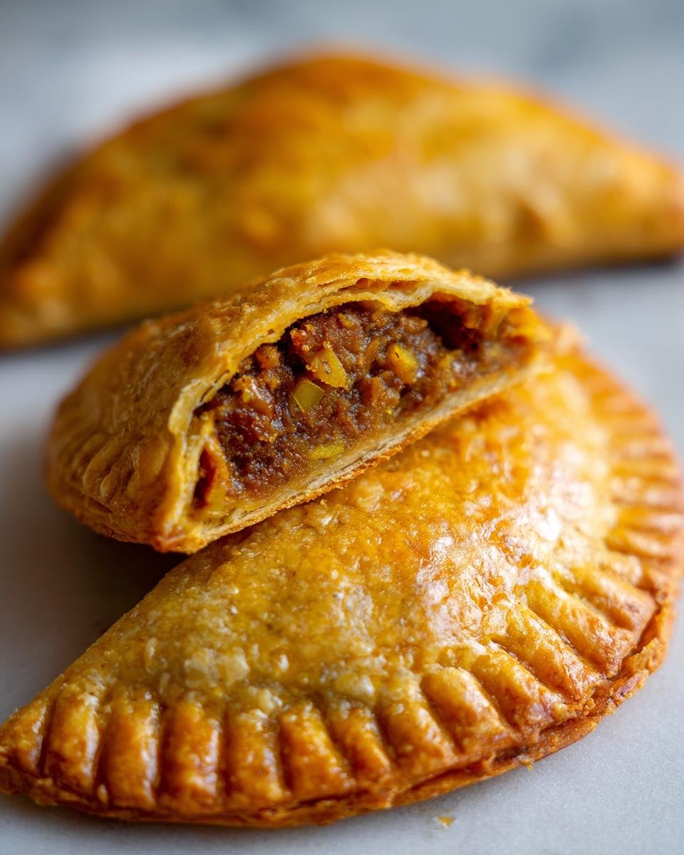 Close-up of flaky Jamaican Vegetable Patties, one cut open showing the savory vegetable filling.