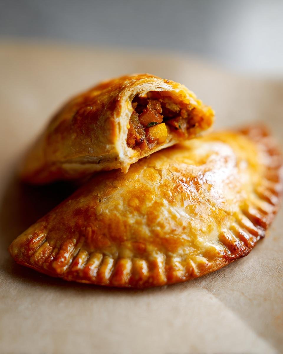 Close-up of two golden-brown Jamaican Vegetable Patties, one cut open showing the savory vegetable filling.