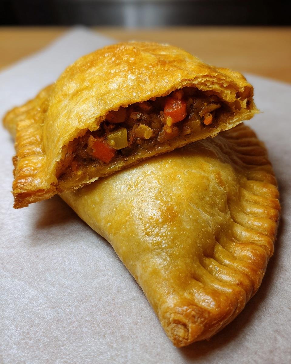 Close-up of a flaky Jamaican Vegetable Patties cut in half, showing the savory spiced vegetable filling inside.