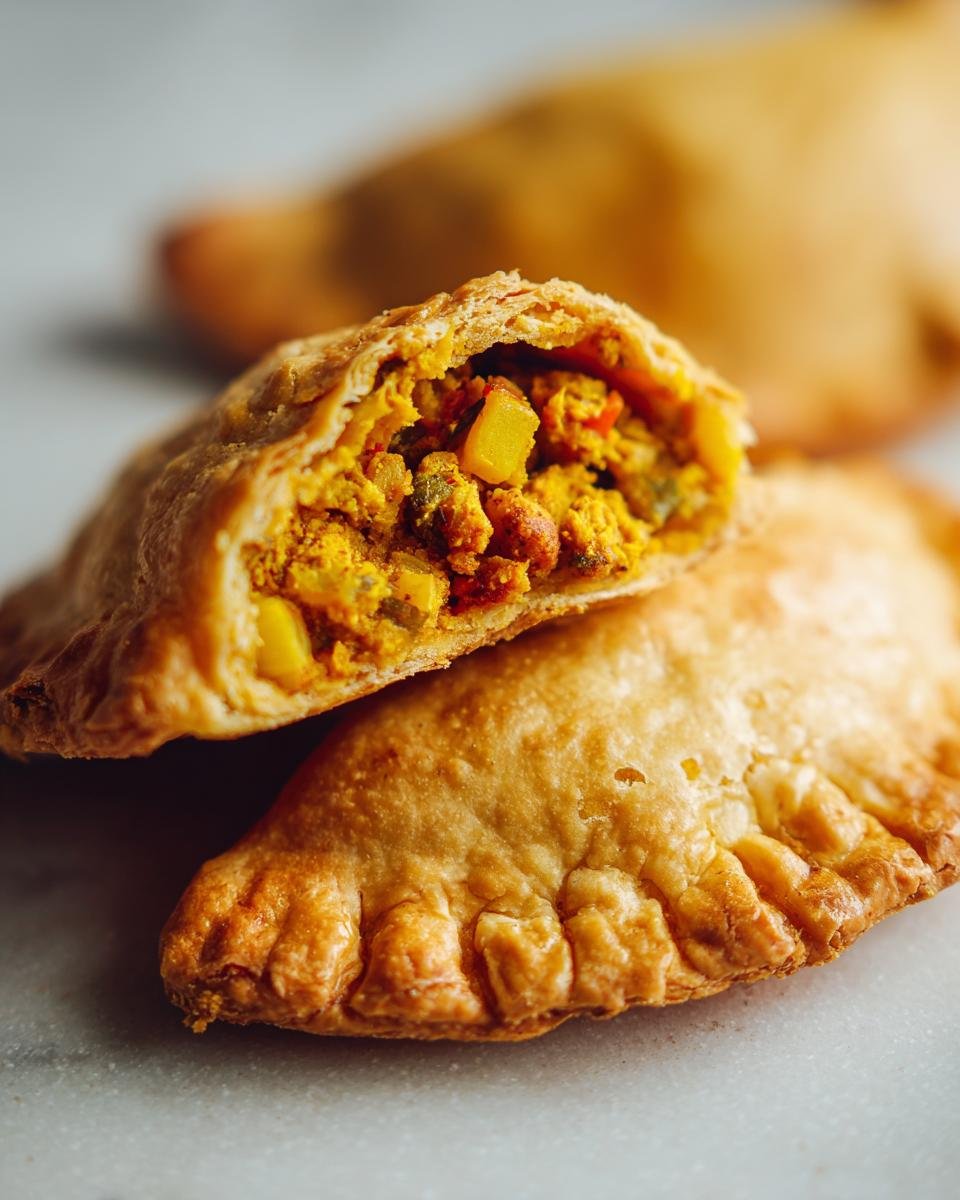 Close-up of a flaky Jamaican Vegetable Patties cut in half, showing the savory yellow spiced vegetable filling inside.