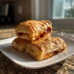 Three golden brown, flaky Pepperoni Pizza Rolls stacked on a white square plate, showing melted cheese and pepperoni filling.