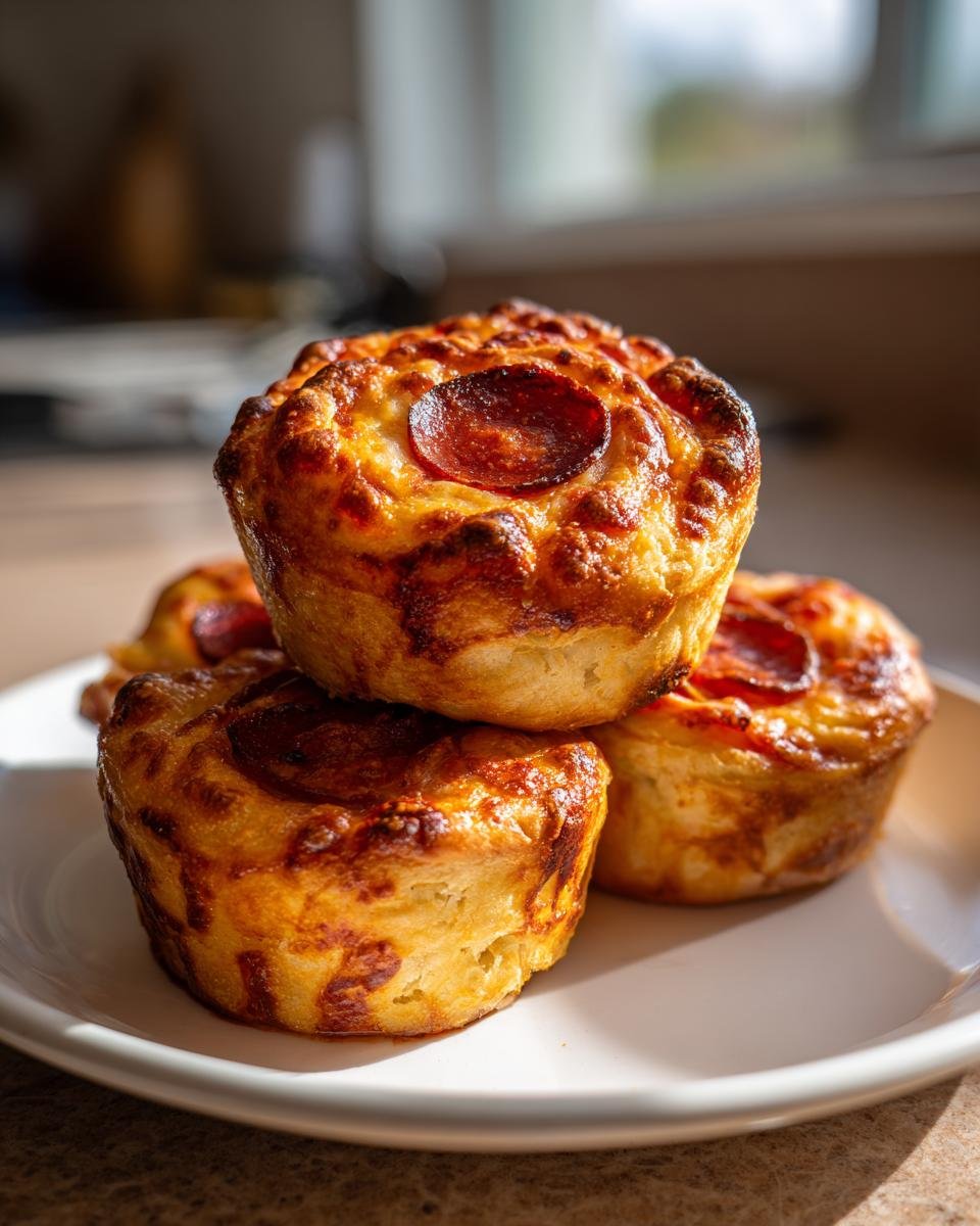 A stack of three golden brown, flaky pepperoni pizza rolls with melted cheese on a white plate.