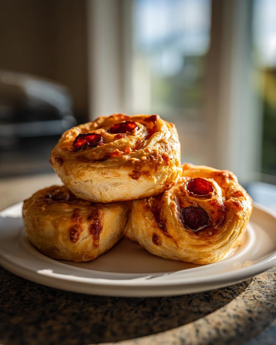 Three golden-brown, flaky pepperoni pizza rolls stacked on a white plate, beautifully lit by natural light.
