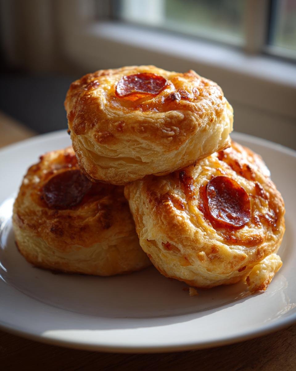 Three golden brown, flaky pepperoni pizza rolls stacked on a white plate, backlit by a window.