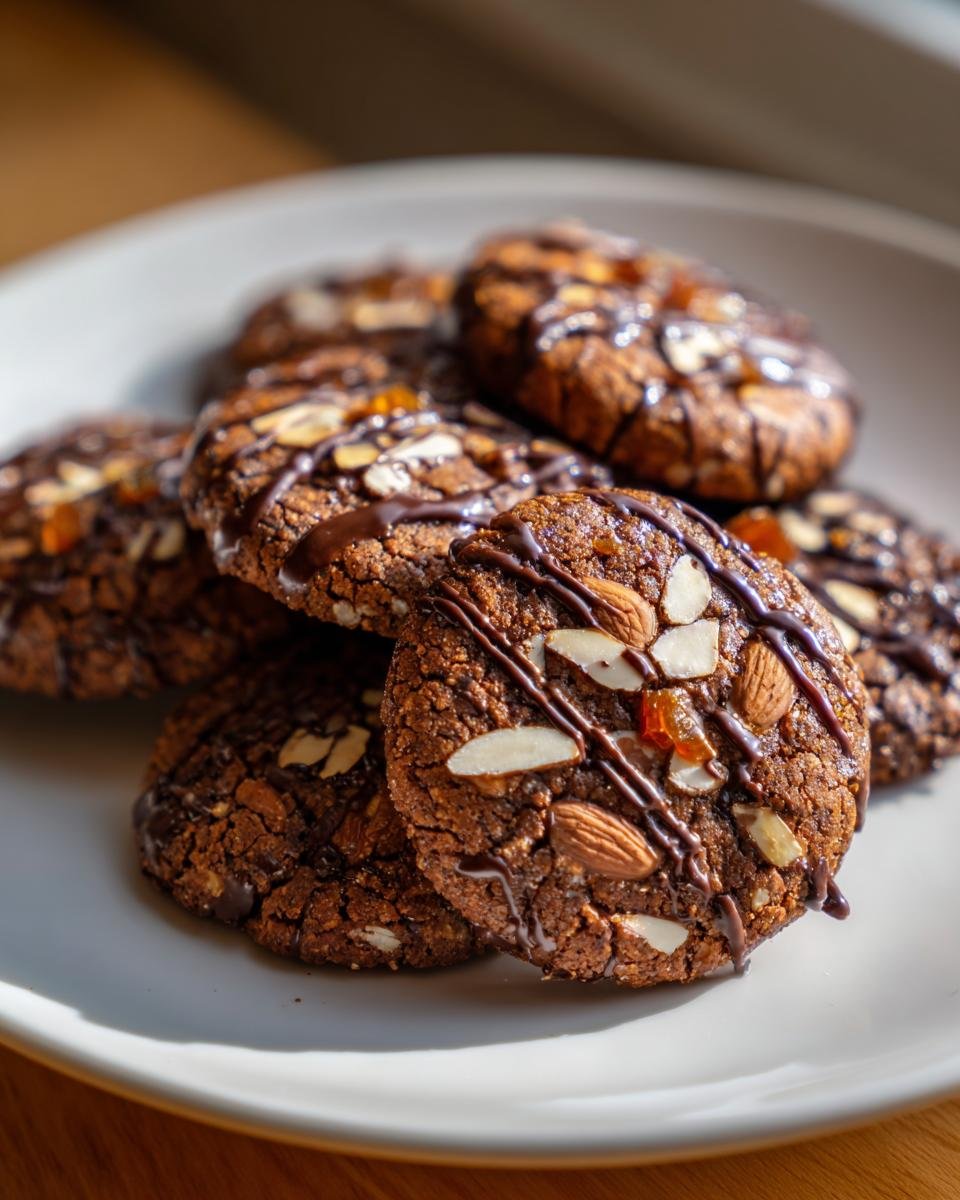 A stack of rich, dark chocolate Florentines cookies topped with sliced almonds and drizzled with chocolate.