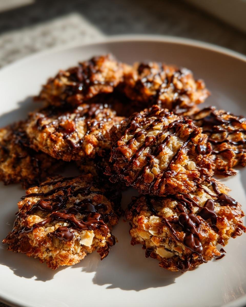 A plate of golden brown Florentines cookies recipe, drizzled with dark chocolate.