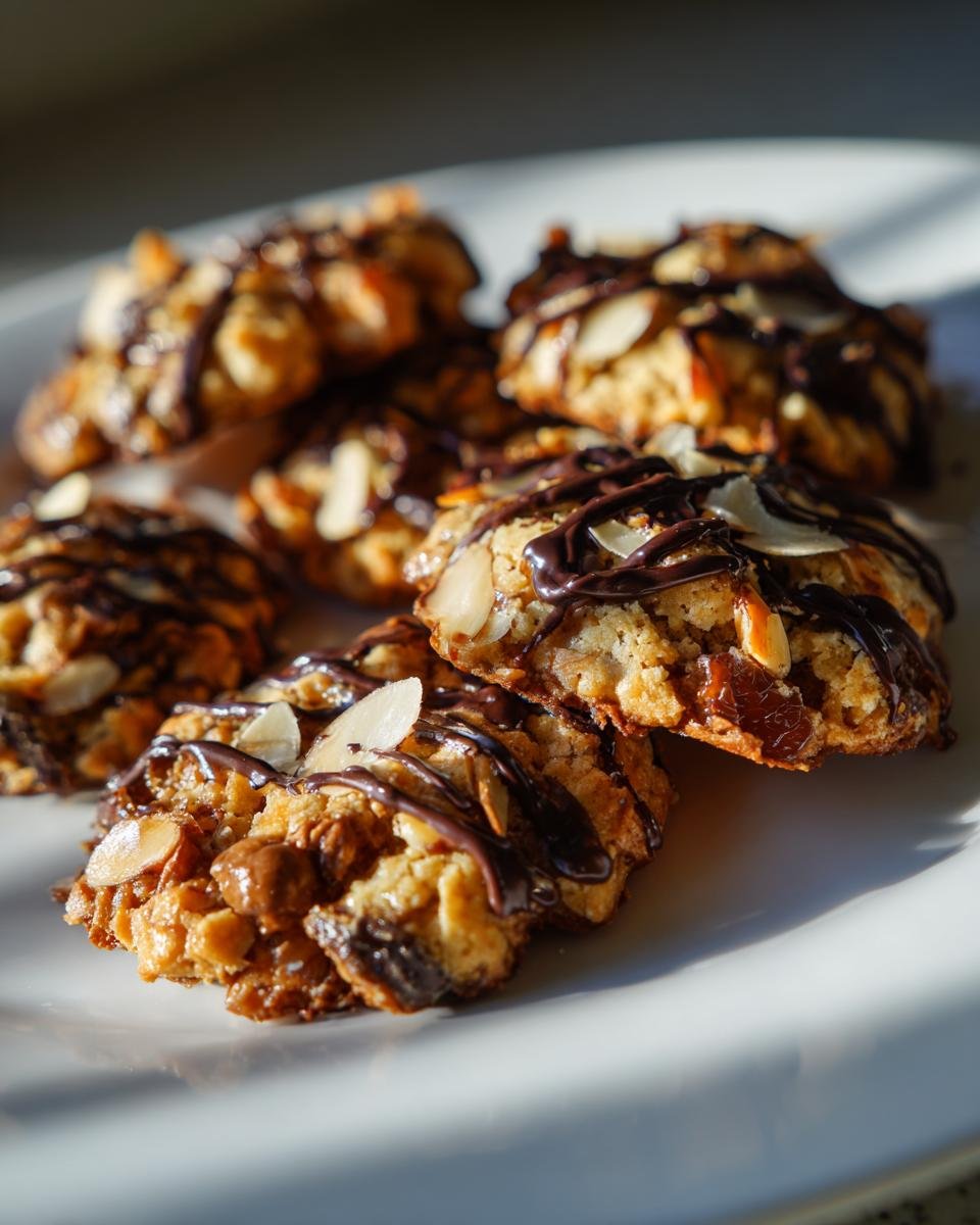 A stack of golden Florentines Cookies topped with sliced almonds and drizzled with dark chocolate.