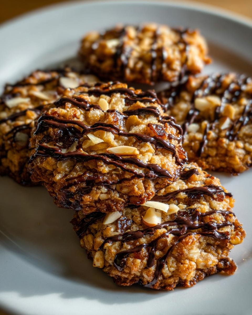 Close-up of several golden brown Florentines Cookies Recipe topped with sliced almonds and drizzled dark chocolate.