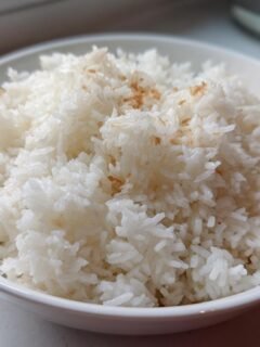 A close-up of fluffy white Coconut Rice served in a white bowl, lightly sprinkled with toasted coconut flakes.