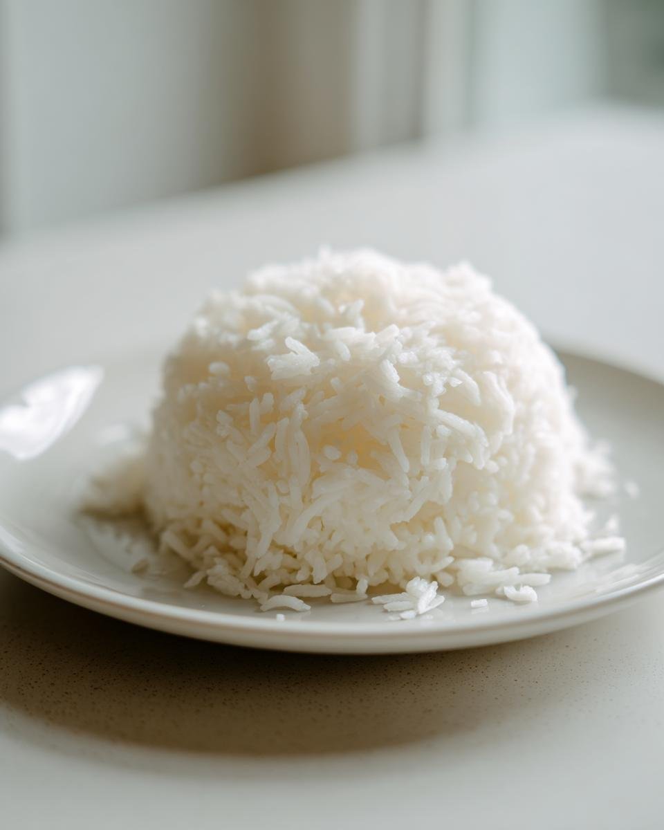 A perfectly molded mound of fluffy white Coconut Rice served on a light gray plate.